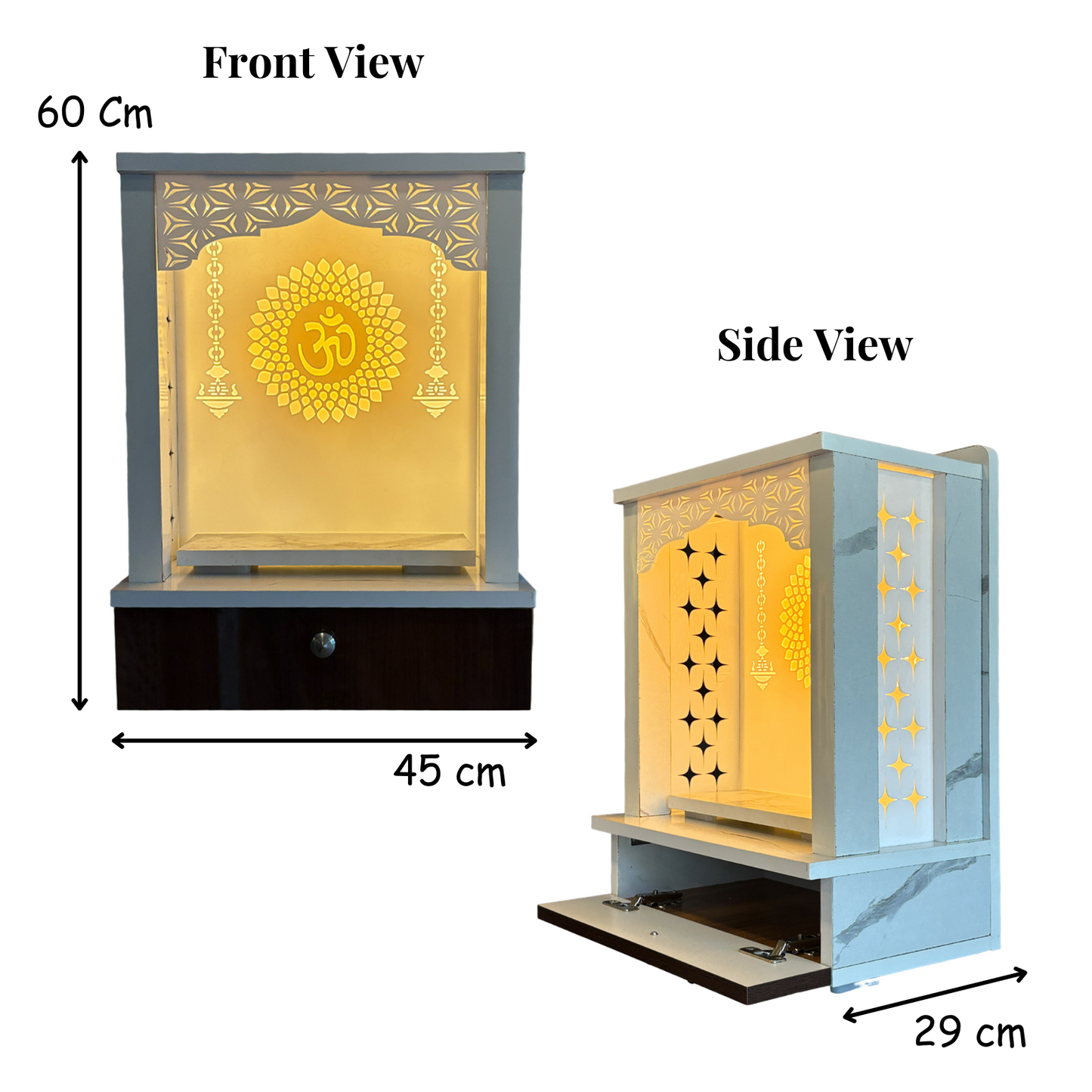 Decorative Acrylic Preassembled Temple /Mandir for Home with LED Light & Drawer