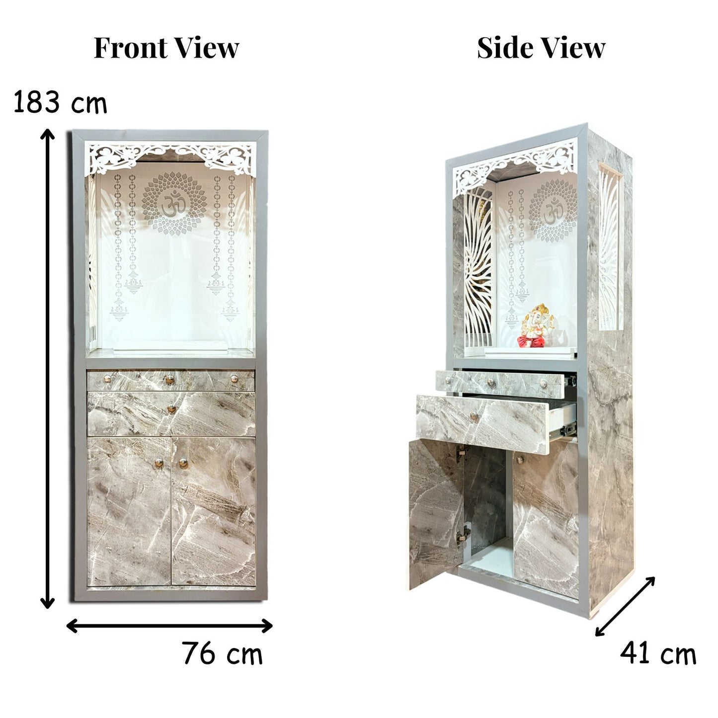 Classic Acrylic Preassembled  Pooja Temple /Mandir with Door for Home with LED Light, 2 Drawer's & Cupboard