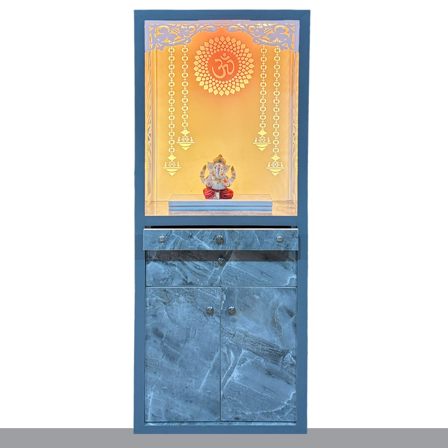 Classic Acrylic Preassembled  Pooja Temple /Mandir with Door for Home with LED Light, 2 Drawer's & Cupboard