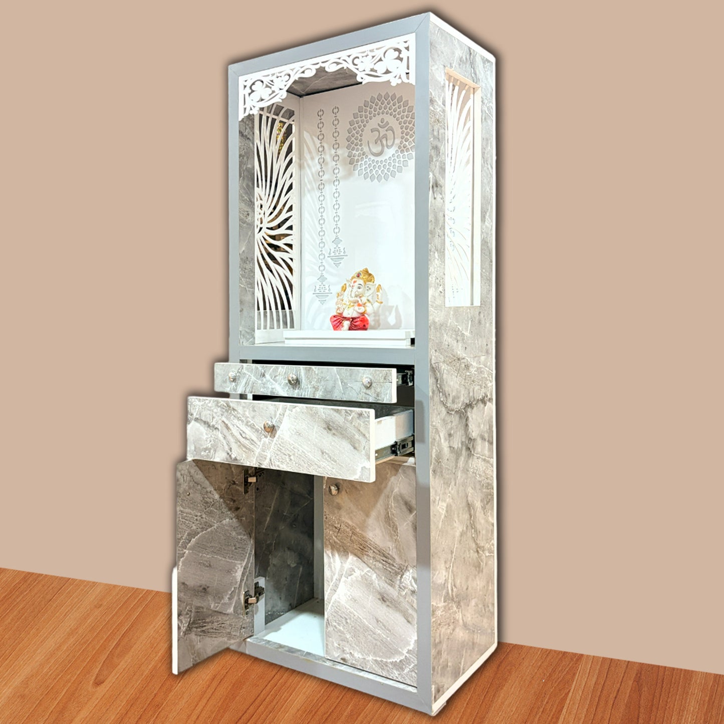 Classic Acrylic Preassembled  Pooja Temple /Mandir with Door for Home with LED Light, 2 Drawer's & Cupboard