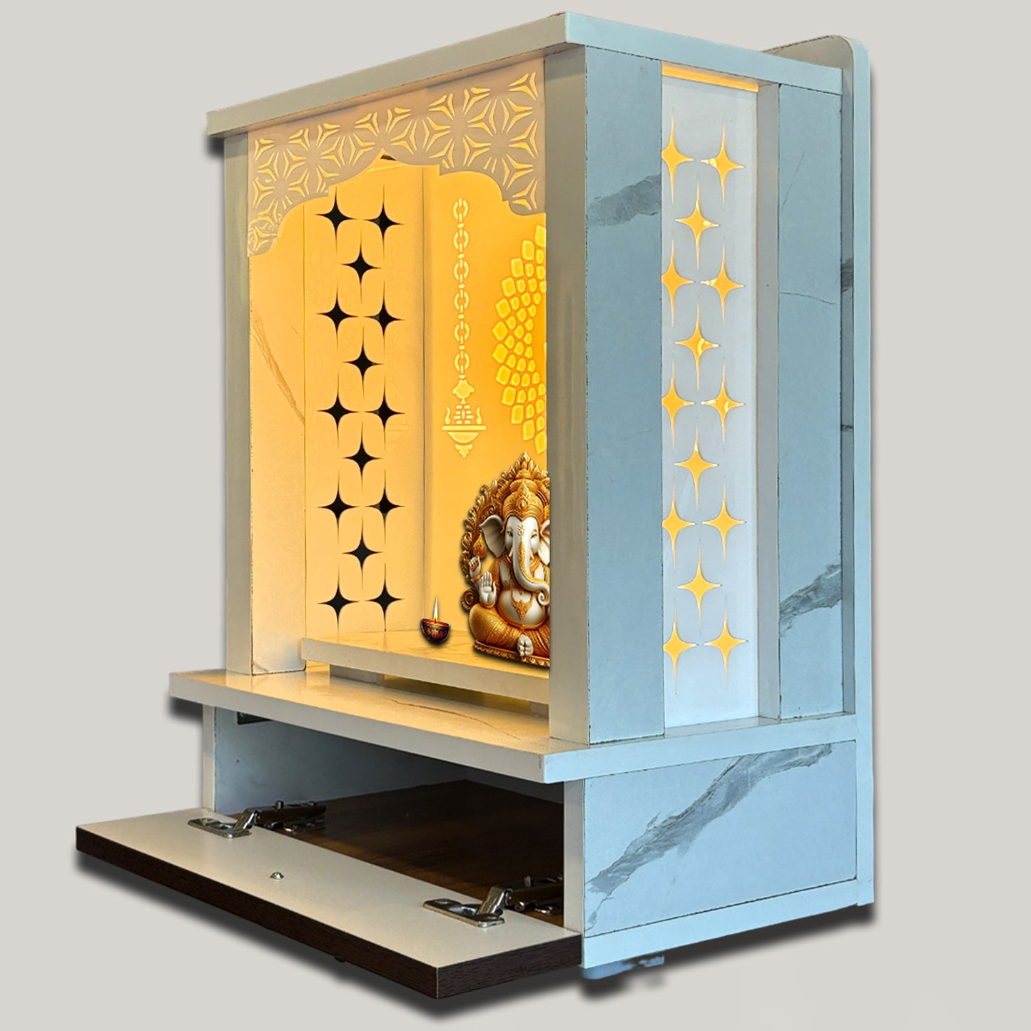 Decorative Acrylic Preassembled Temple /Mandir for Home with LED Light & Drawer