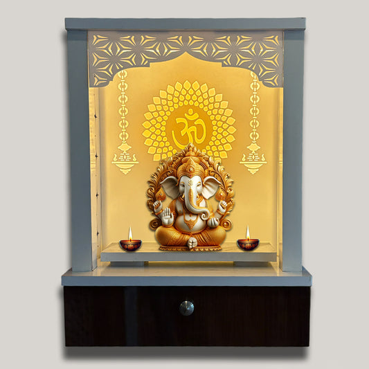 Decorative Acrylic Preassembled Temple /Mandir for Home with LED Light & Drawer