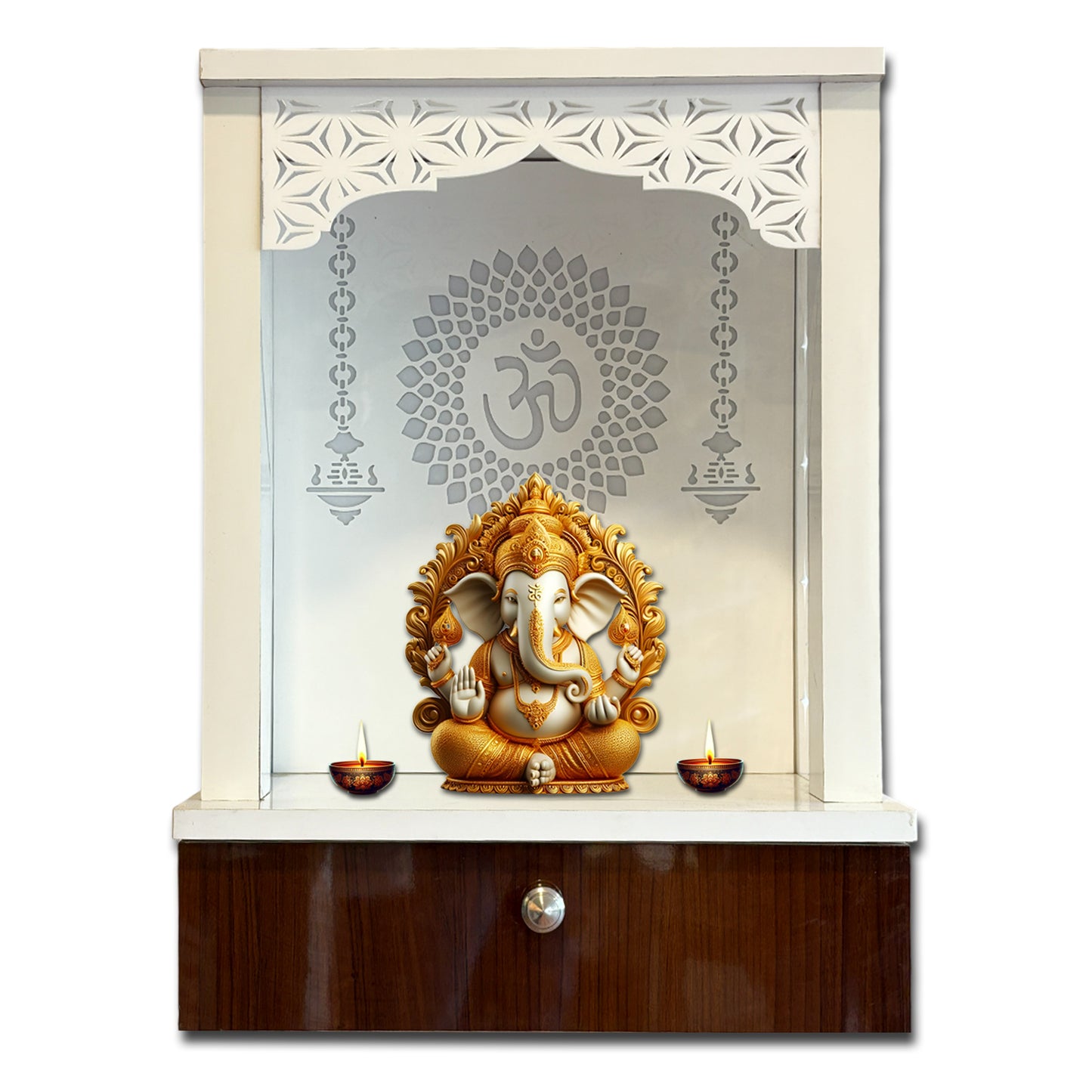 Decorative Acrylic Preassembled Temple /Mandir for Home with LED Light & Drawer