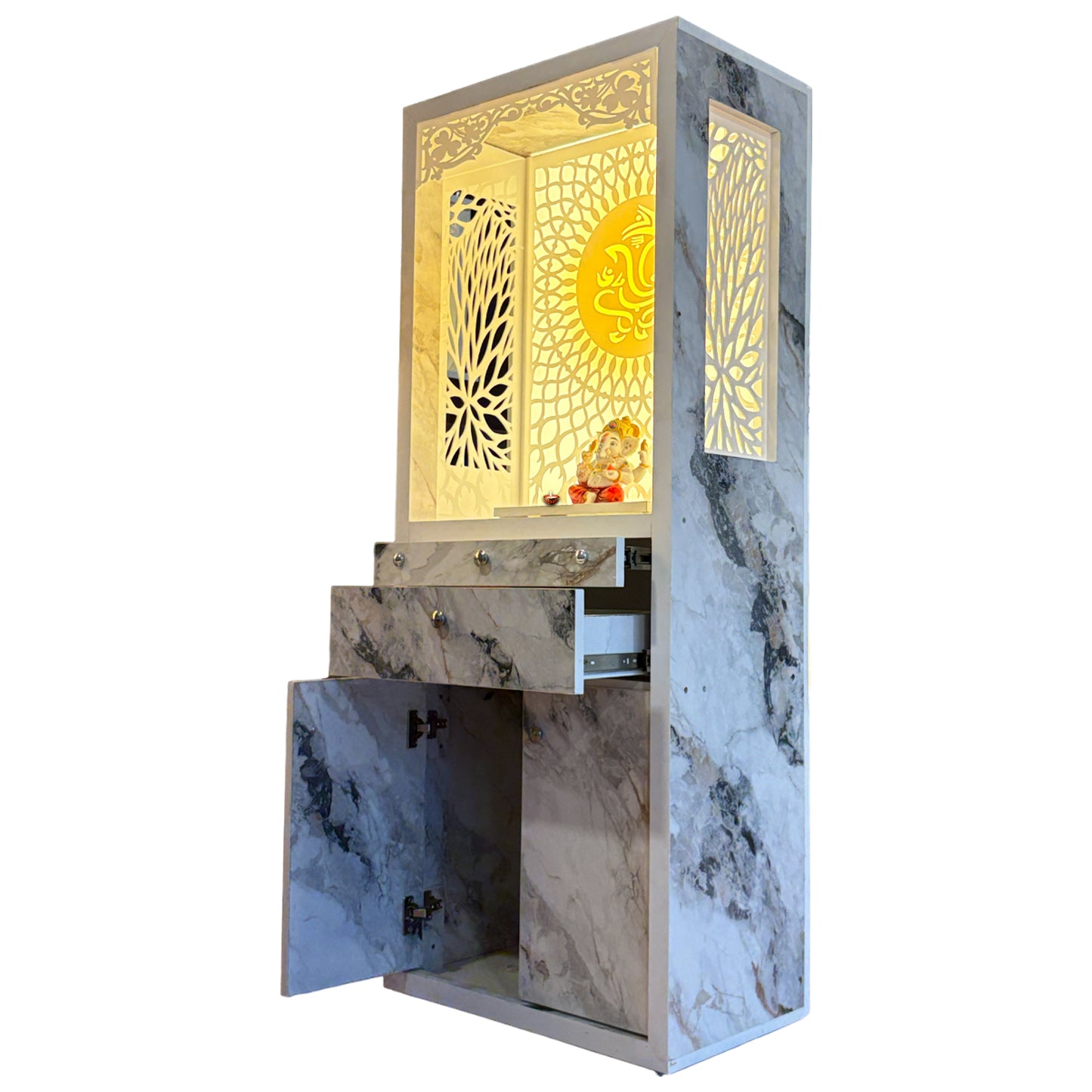 Decorative Acrylic Preassembled Pooja Temple /Mandir for Home with LED Light & Multi Compartments